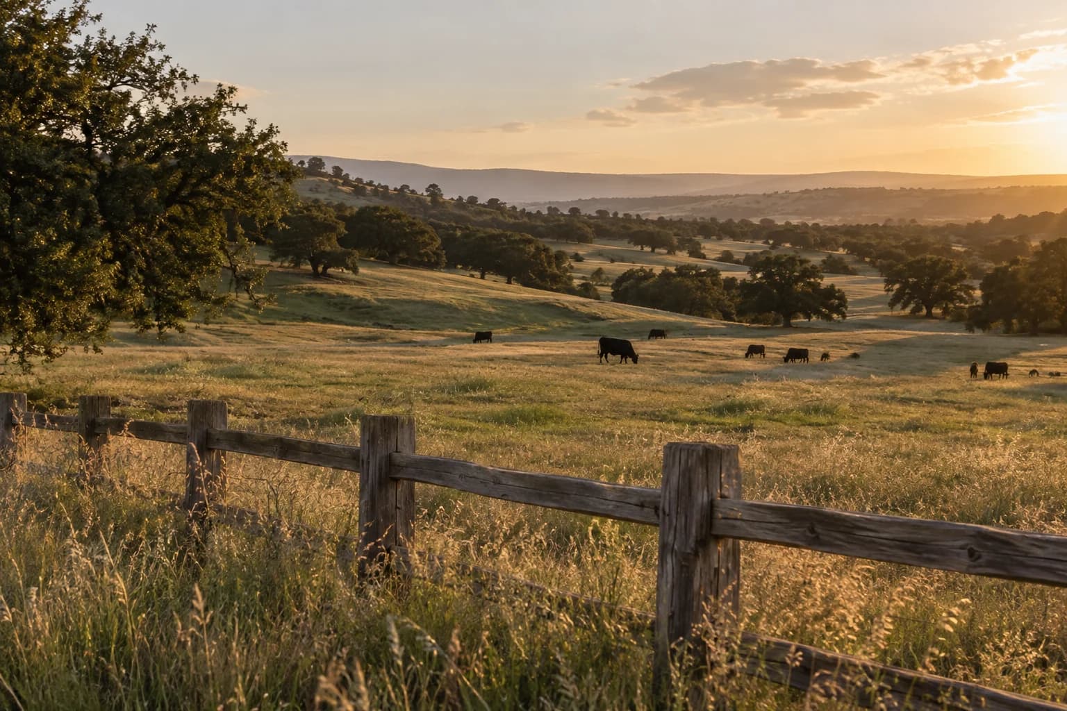 An illustrative sunlit pasture with grazing cattle and a weathered wooden fence